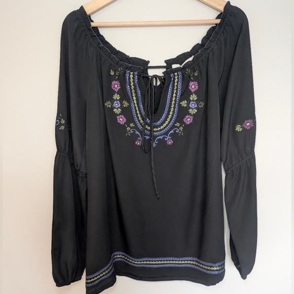 Cache Tops - Cache Luxe Chiffon Top Blouse Black Embroidered Sheer Long Sleeve Size Medium